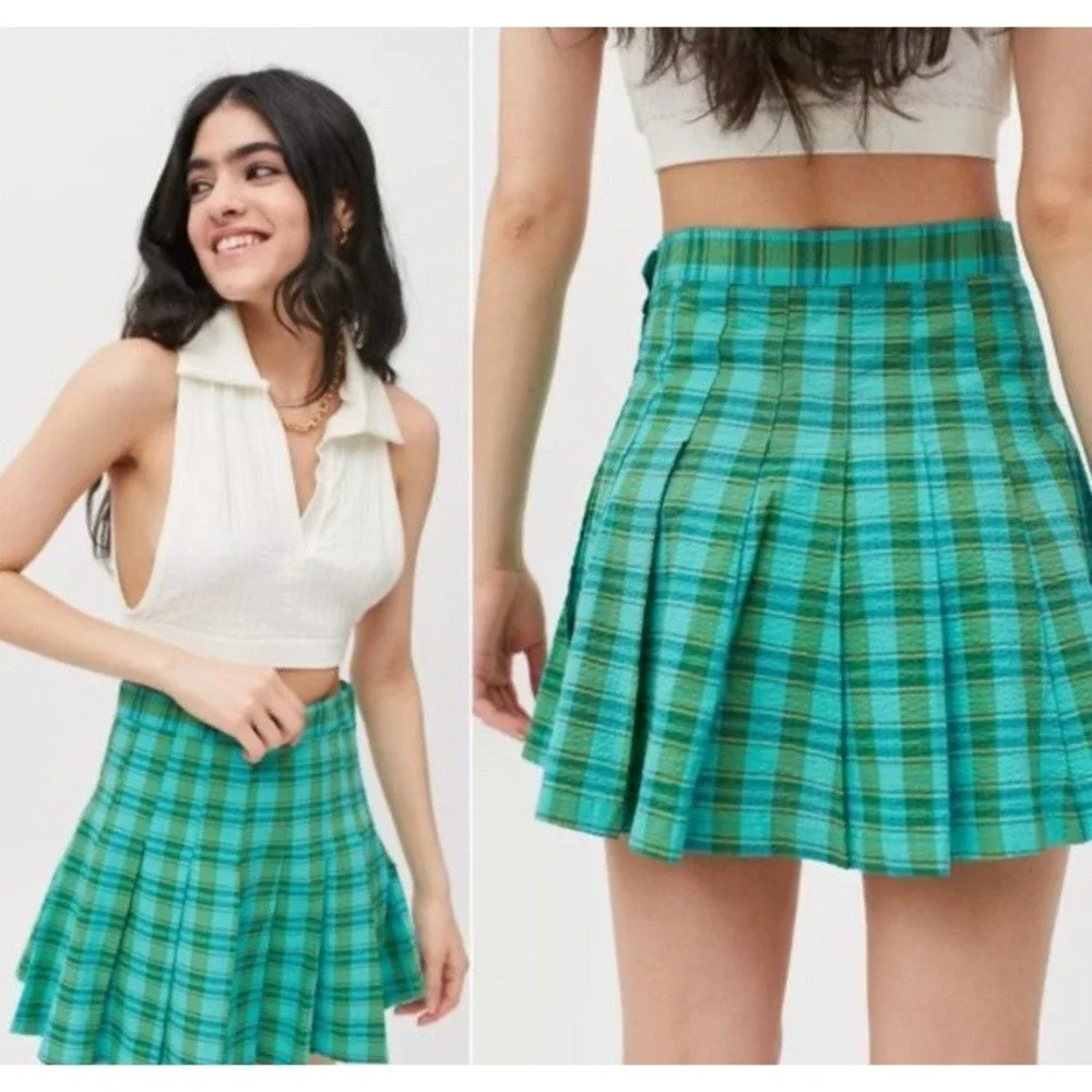 Urban‎ Outfitters Katie Plaid Pleated Mini Skirt Teal Green Women Sz M Y2K Retro
